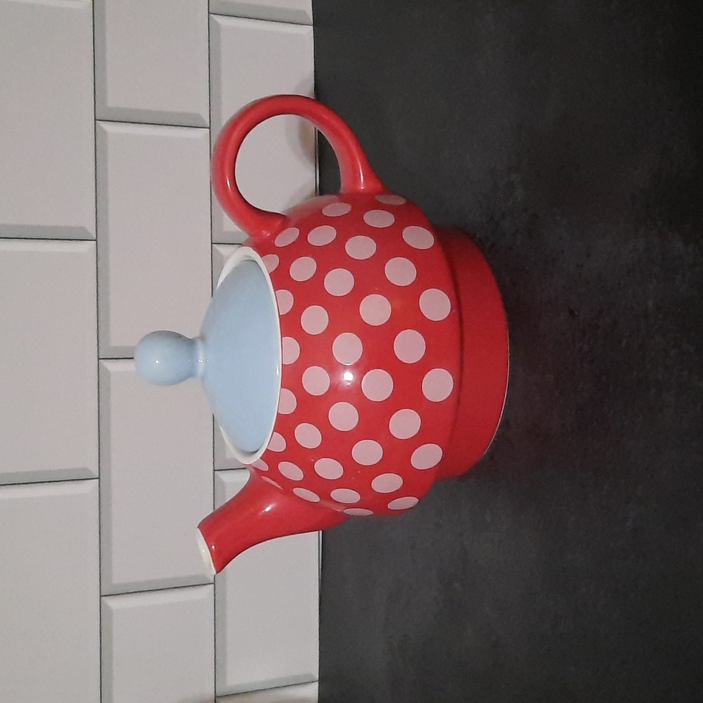 Red Polka Dot Teapot with Blue Lid